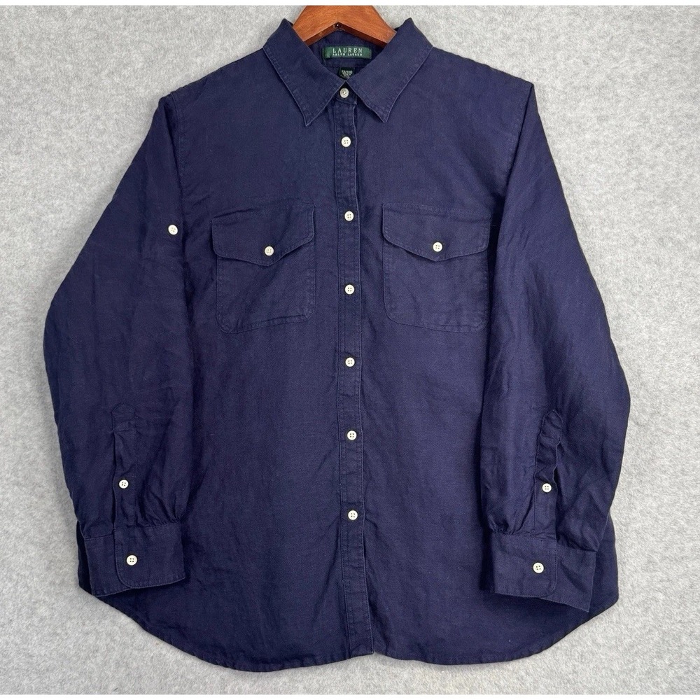 Lauren Ralph Lauren 100% Linen Shirt‎ Women's 1X Navy Blue Button Front EUC Plus